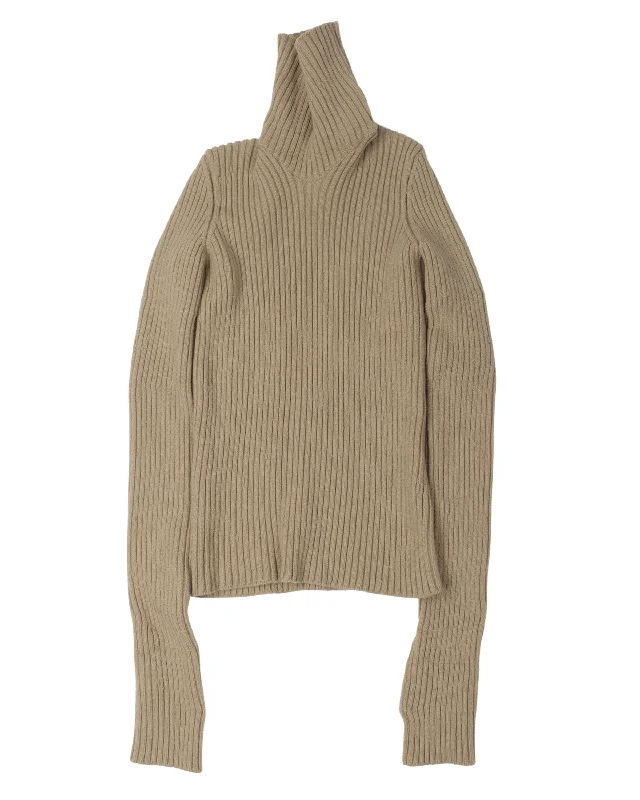 Ribbed Cutout Turtleneck Sweater Toggled Drawstring Belted