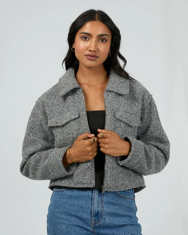 All About Eve Bennet Crop Jacket - Grey Marle Front Pockets Side Pockets Patch Pockets
