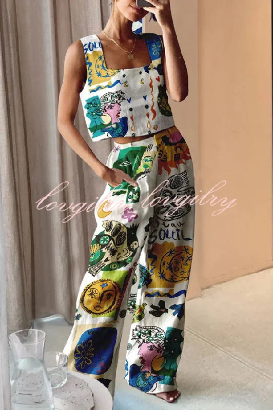 Soleil Light Linen Blend Unique Print Tank and Back Elastic Waist Pocketed Pants Set tie dye tank