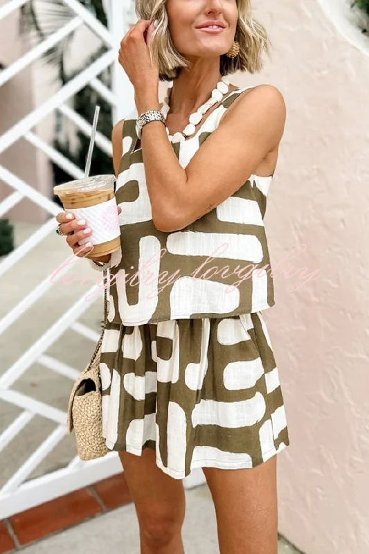 Vacation Linen Blend Unique Print Tank and Shorts Set lace tank top