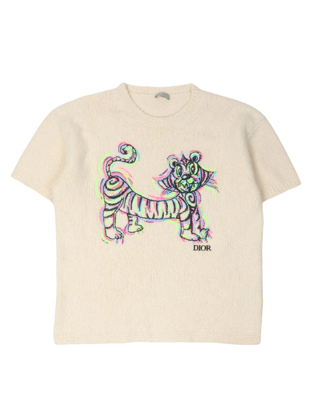 Kenny Scharf Cartoon Tiger Sweater Chenille Brocade Lace
