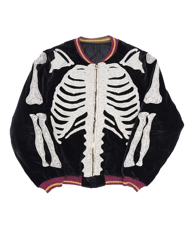 Velveteen Bone Embroidered Souvenir Jacket Front Pockets Side Pockets Patch Pockets