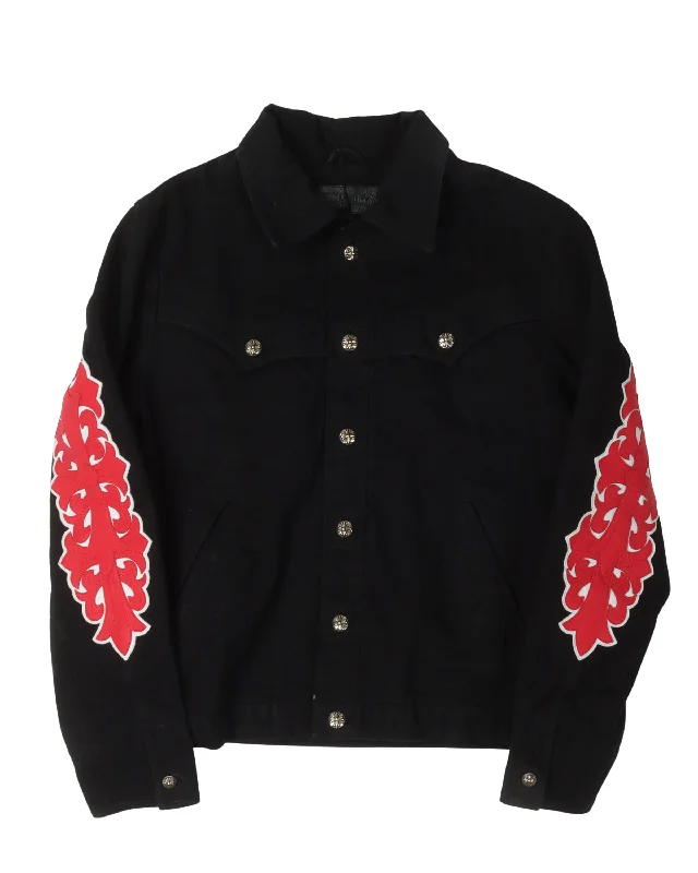 Floral Cross Patch Denim Trucker Jacket Hooded Jacket Caped Jacket Shawl Collar Jacket