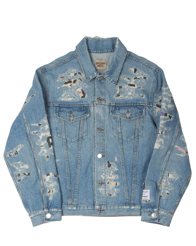 Andy Distressed Layered Printed Denim Trucker Jacket Knit Jacket Woven Jacket Fleece Jacket