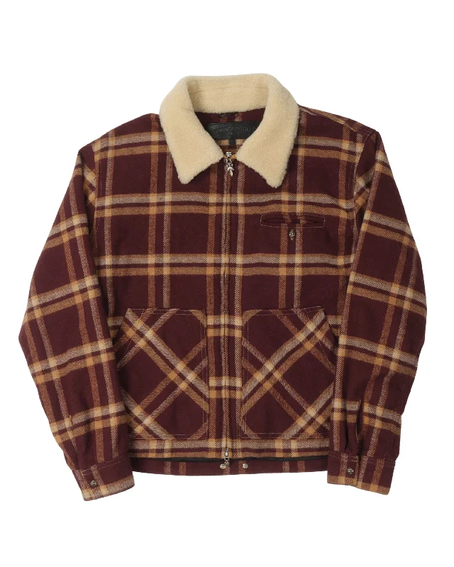 Plaid Boa Jacket A-Line Jacket Boat Neck Shawl Collar