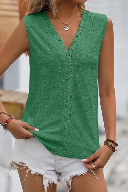 V Neck Lace Edge Eyelet Pattern Tank Top cherry red tank