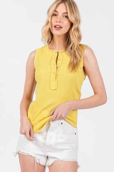 Hazel Blues® |  Ces Femme Stitch Detail Half Button Ribbed Tank mesh tank top
