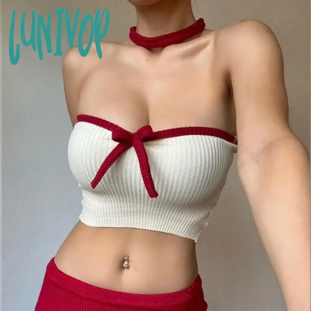 Lunivop Y2K Patchwork Color Bow Stitching Tank Top Sexy Strapless Off Off Shoulder Backless Crop Tops Hot Sweet Slim Camis rhinestone tank top