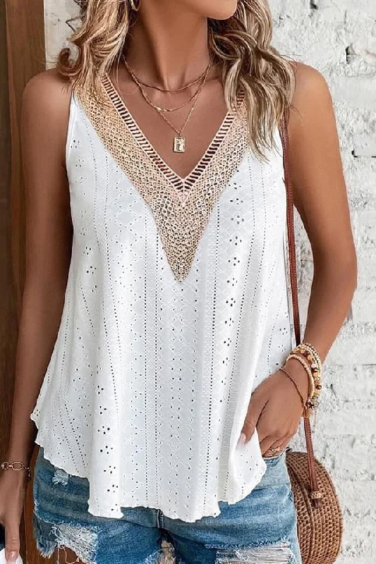 Lace Crochet Splicing V Neck Loose Fit Tank Top ivory tank top