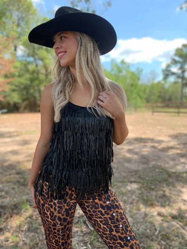 Living on the Edge Fringe Tank - Black beige tank top